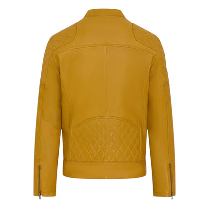 Mens Yellow Leather Quilted Shoulder Biker Jacket - Rock
