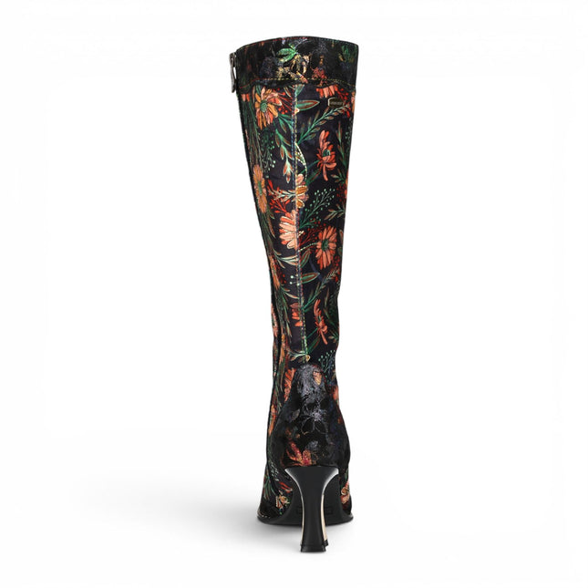 Laura Vita Women's Black Victorian Floral Leather Knee-High Heeled Boots - Oanelo-02