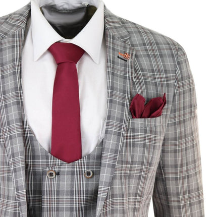 Mens 3 Piece Grey Check Retro Vintage Classic Suit