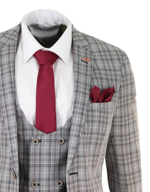 Mens 3 Piece Grey Check Retro Vintage Classic Suit
