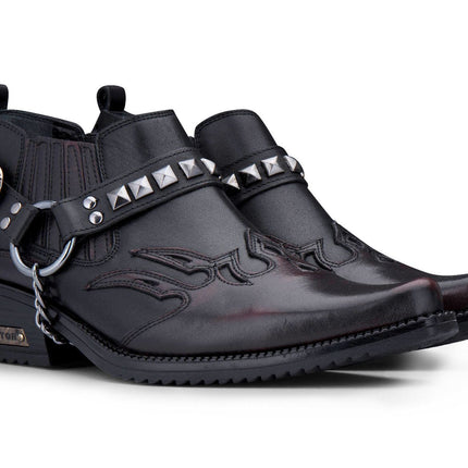 Men’S Black Leather Winklepicker Studded Western Biker Boots