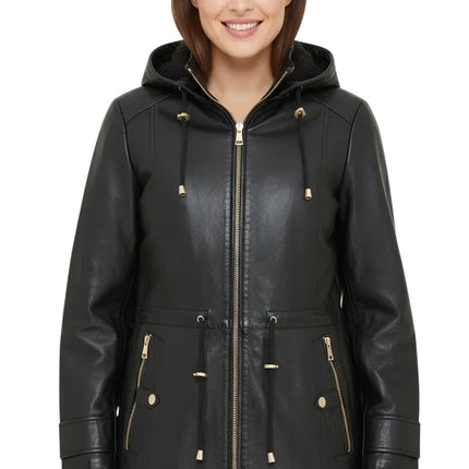 Women's Black Leather Parka Detachable Borg Hooded Trench Coat - Trekker