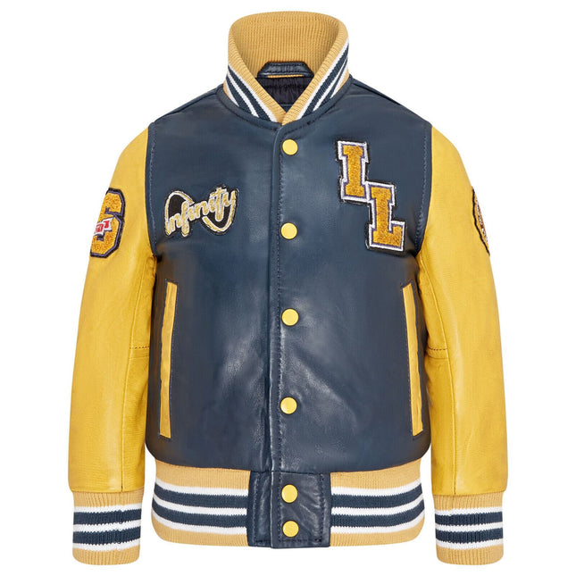 Kids Blue Letterman Leather Varsity College Bomber Jacket