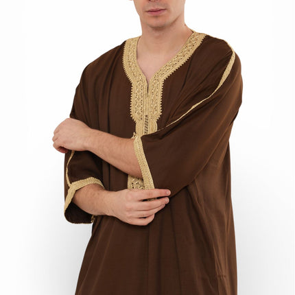 Men's Ramadan Brown Moroccan Thobe Robe Djellaba Gandoura Eid Jubba- HM67