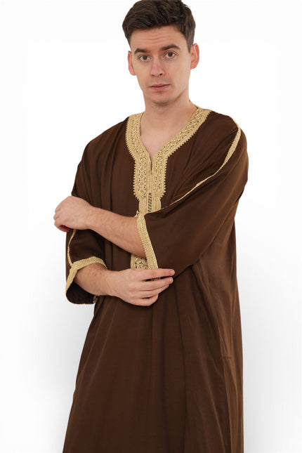 Men's Ramadan Brown Moroccan Thobe Robe Djellaba Gandoura Eid Jubba- HM67
