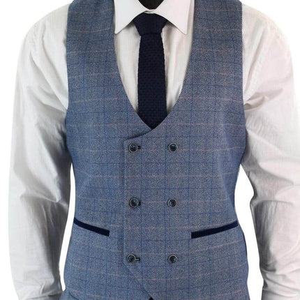 Mens 3 Piece Blue Grey Herringbone Check Suit