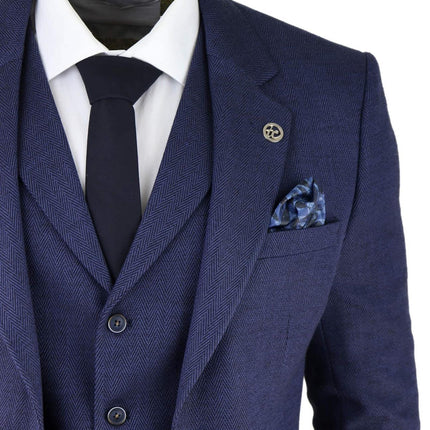 Mens Navy Blue 3 Piece Tweed Herringbone Suit Peaky Blinders Classic Tailored