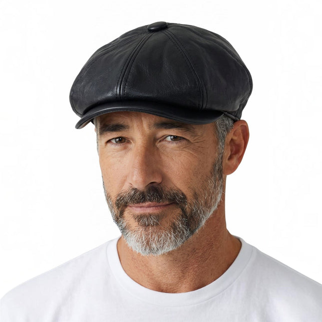 Men's Black Faux Leather Vintage 8-Panel Gatsby Baker Boy Hat - MHT-1