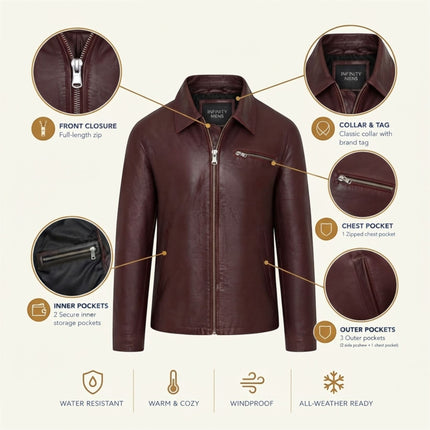 Mens Leather Brown Harrington Collar Biker Jacket - Arick