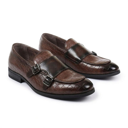 Men's Brown Vegan Leather Double Monk Strap Loafer Shoes