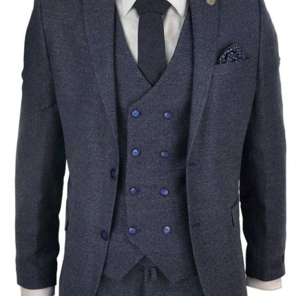 Mens Blue Wool 3 Piece Suit Double Breasted Waistcoat Tweed Peaky Blinders 1920s