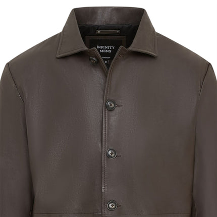 Men's Brown Leather Long Collared Car Coat Jacket - Berry