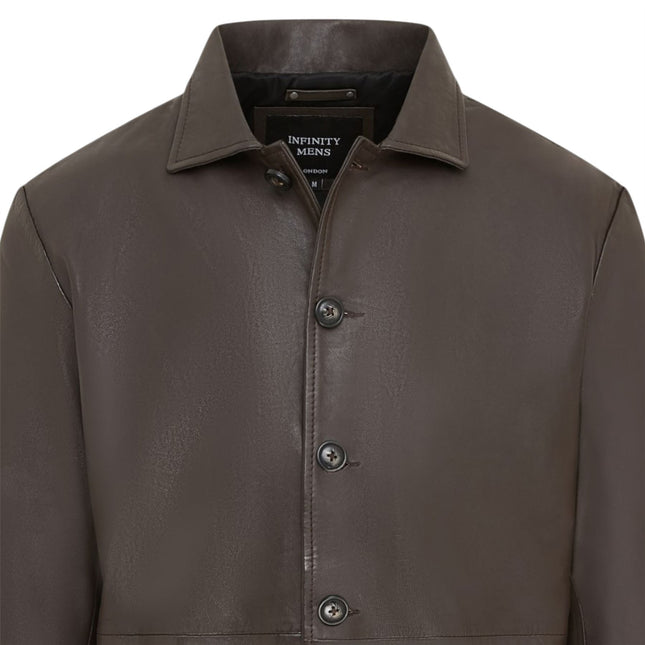 Men's Brown Leather Long Collared Car Coat Jacket - Berry