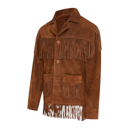 Men's Retro Tan Cowboy Suede Leather Fringe Jacket - Western