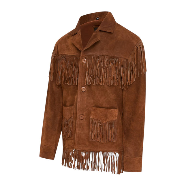 Men's Retro Tan Cowboy Suede Leather Fringe Jacket - Western