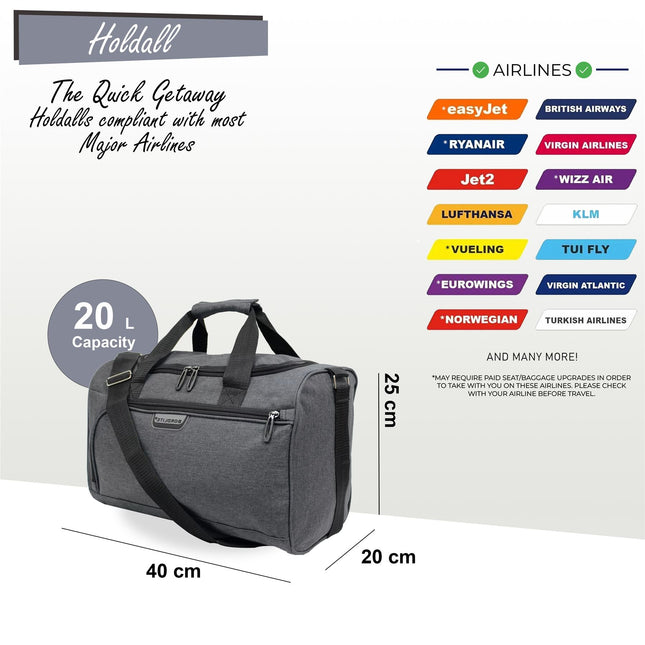 Holdall Carry On 40x 20 x25cm Under-seat Travel Cabin Bag for Ryanair, Easy Jet