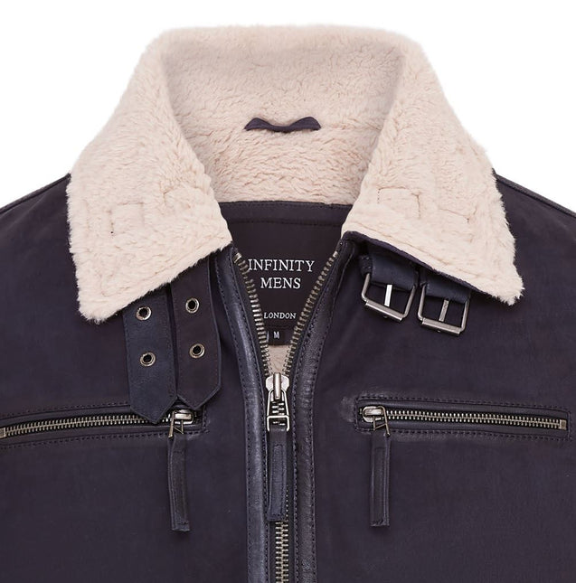 Mens Real Sheep Suede Bomber Jacket Aviator Jacket with Fur Lining