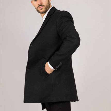 Men's Notched Lapel Collar Wool Blend Black Overcoat
