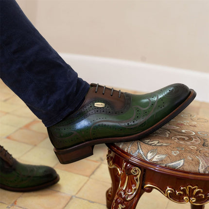 Lorenzo Conti Men's Khaki Green Leather Brogue Oxford Dress Shoes - Ayan-01