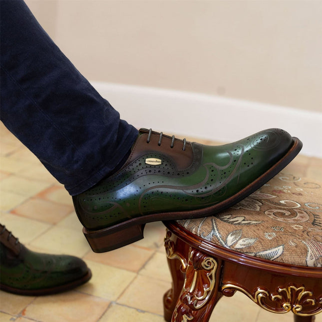 Lorenzo Conti Men's Khaki Green Leather Brogue Oxford Dress Shoes - Ayan-01
