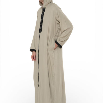 Men's Eid Grey Hooded Moroccan Thobe Robe Djellaba Ramadan Jubba- HM3