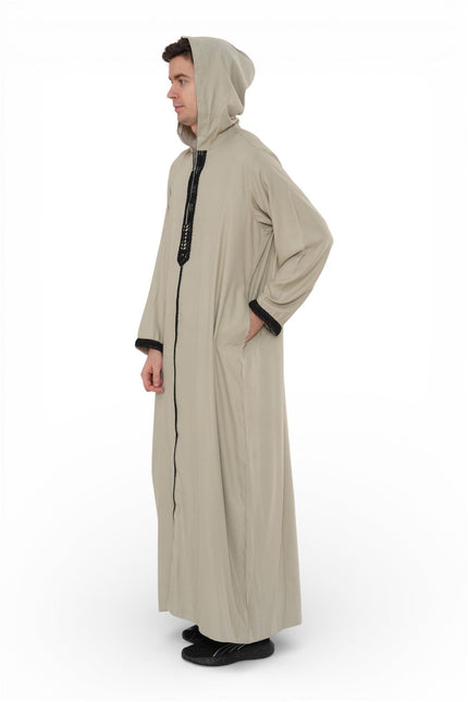 Men's Eid Grey Hooded Moroccan Thobe Robe Djellaba Ramadan Jubba- HM3