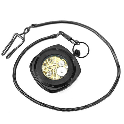 Mechanical Black Blue Vintage Skeleton Square Open-Face Pocket Watch