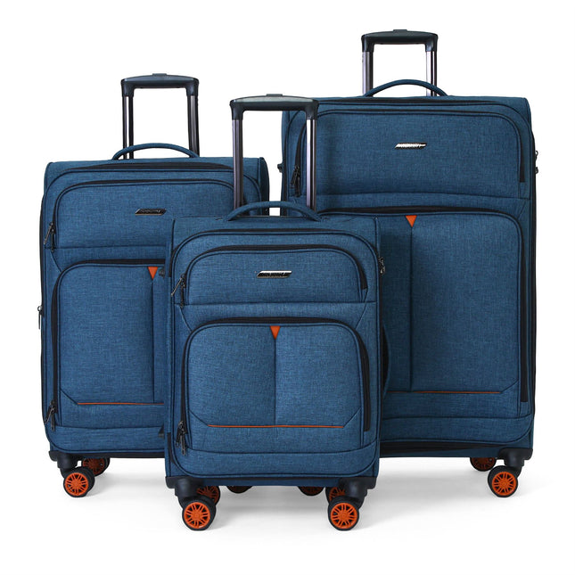 Soft Shell Blue Linen Suitcase Set 8 Wheel Lightweight Travel Luggage