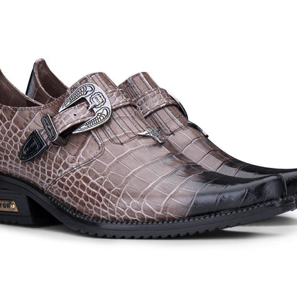Men's Brown Croc Leather Winklepicker Cuban Biker Boots