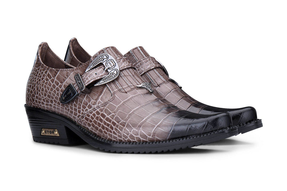 Men's Brown Croc Leather Winklepicker Cuban Biker Boots