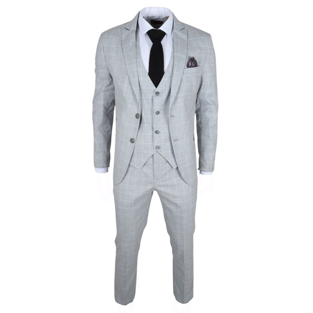 Men's Grey Checked 3 Piece Suit Tailored Fit
