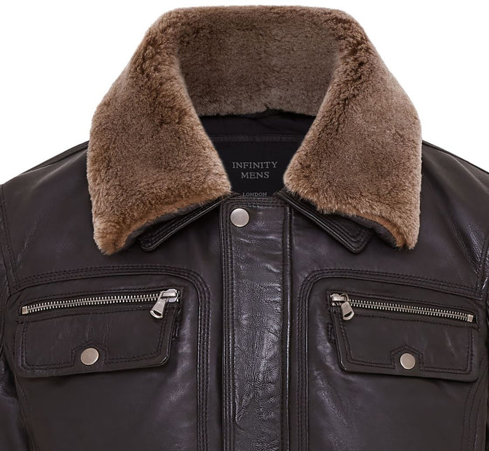 Mens Leather Jacket Trucker Removable Sheepskin Collar Casual Jacket