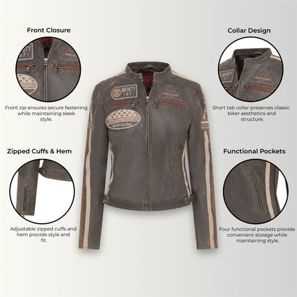 Womens Biker Racing Badges Leather Jacket-Eastleigh