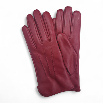 Womens Red Italian Leather Winter Stitch Line Design Soft Wool Lining Gloves - L-GLV-301