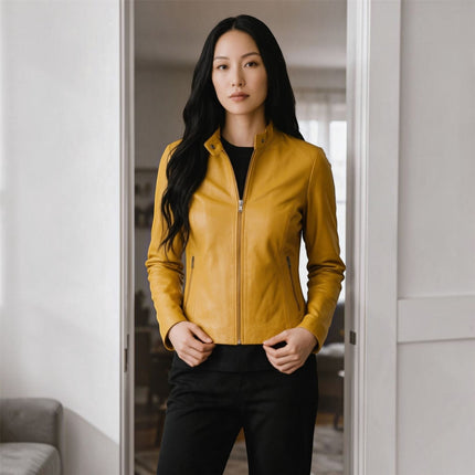 Womens Yellow Leather Stand Collar Racer Biker Jacket - 181