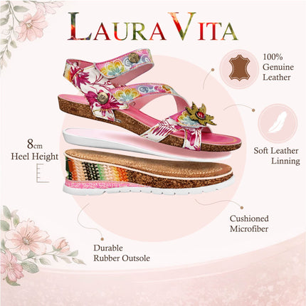 Laura Vita Women's Balade 32 Rose Pink Floral Leather Wedge Espadrille Sandals