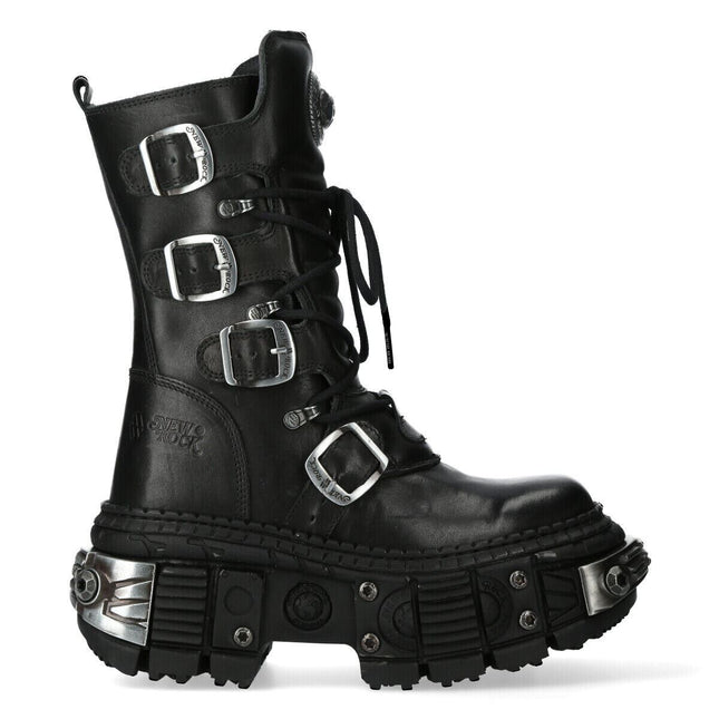 New Rock Black Mid Calf Leather Goth Boots-WALL1473-S11