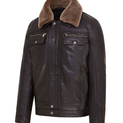 Mens Leather Jacket Trucker Removable Sheepskin Collar Casual Jacket