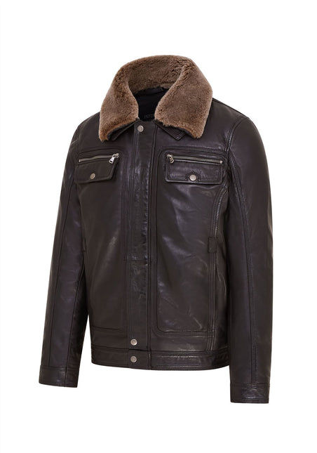 Mens Leather Jacket Trucker Removable Sheepskin Collar Casual Jacket