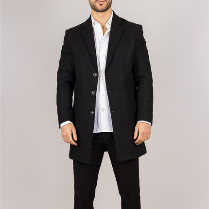 Men's Notched Lapel Collar Wool Blend Black Overcoat