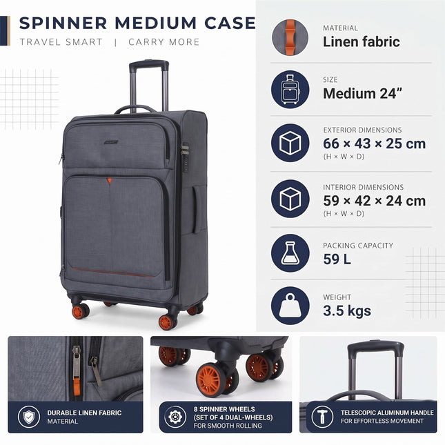 Soft Shell Black Linen Suitcase Set 8 Wheel Lightweight Travel Luggage