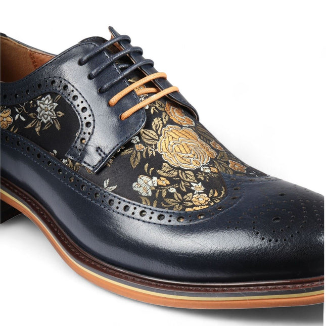 Justin Reess Men's Navy Blue Leather Floral Print Brogue Dress Shoes - Ross