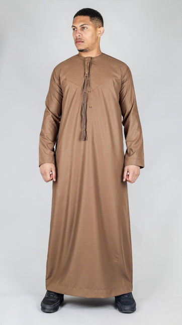 Men's Brown Thobe Emirati Islamic Jubba Robe Eid Tassel Regular Fit