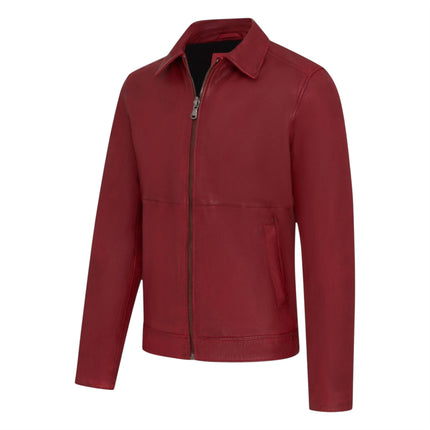 Mens Leather Red Harrington Collar Biker Jacket - Alpha