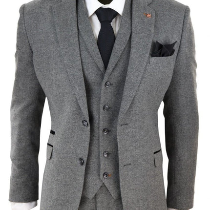 Mens 3 Piece Dark Grey Herringbone Wool Tweed Retro Suit