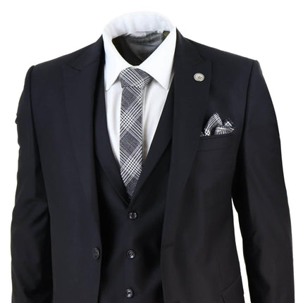 New Mens 3 Piece Suit Plain Black Classic Tailored Fit Smart Casual 1920s Formal