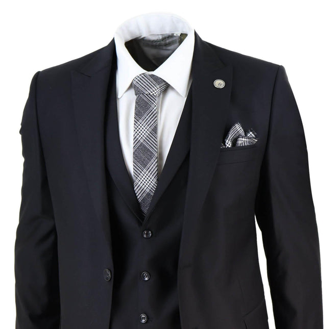 New Mens 3 Piece Suit Plain Black Classic Tailored Fit Smart Casual 1920s Formal