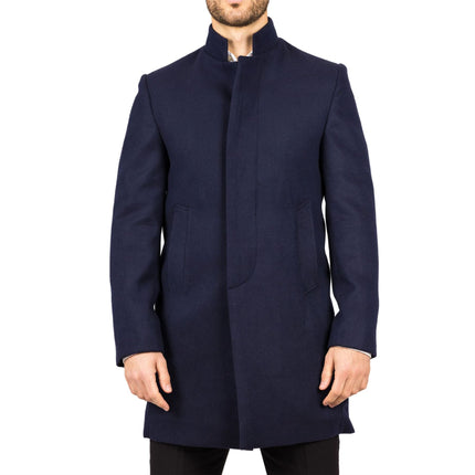 Men's Navy Stand Collar Wool Blend Overcoat