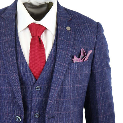 Mens 3 Piece Blue Herringbone Check Vintage Classic Suit