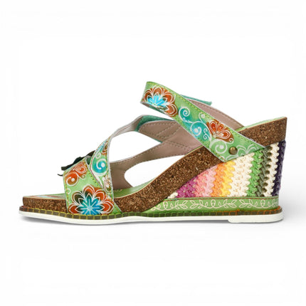 Laura Vita Women's Balade 32 Vert Green Floral Leather Wedge Espadrille Sandals